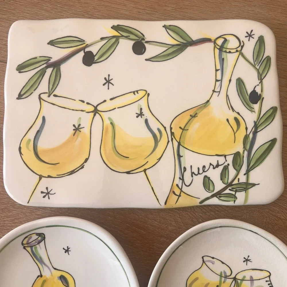 Vtg‎ Julia Junkin Hand Painted Ceramic Wine Olive Appetizer Set Plates 3pc